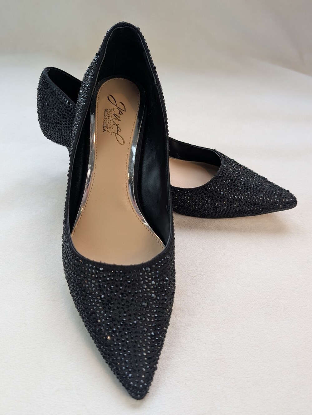 Jewel Badgley Mischka Frenchie Black Heels Crystal Embellished Satin Pumps 7.5